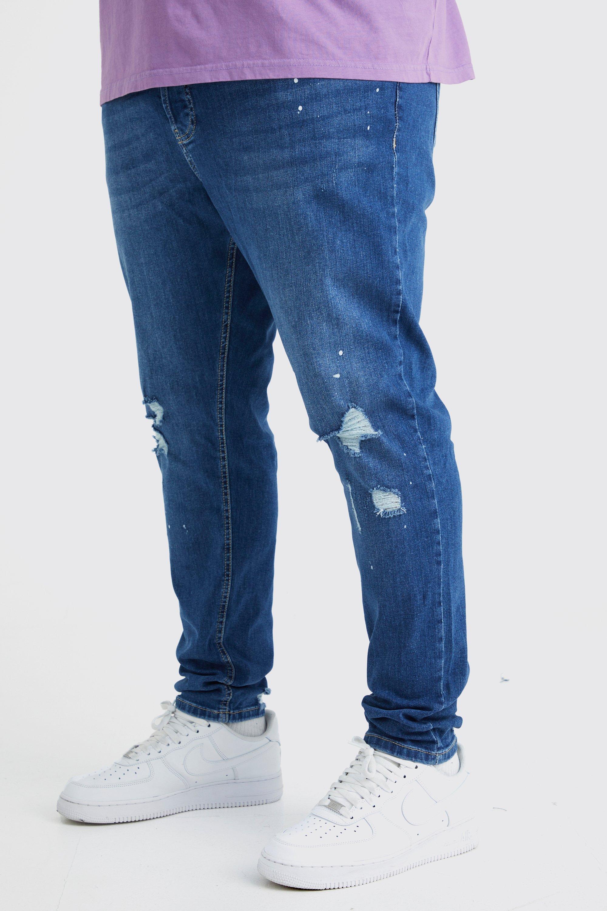 Mens Blue Plus Skinny Stretch Ripped Knee Paint Splatter Jean, Blue